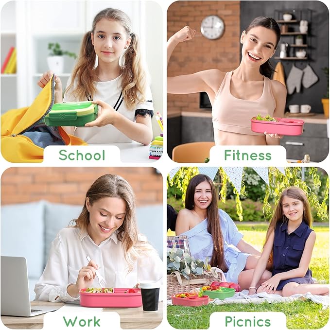 Bento Lunch Box Leakproof 44oz Kids Lunch Box Containers with 4 Compartment, Bento-Style Lunch Bento Box with Cutlery, Reusable Kid Back to School Meal/Snack Packing BPA Free (Green)