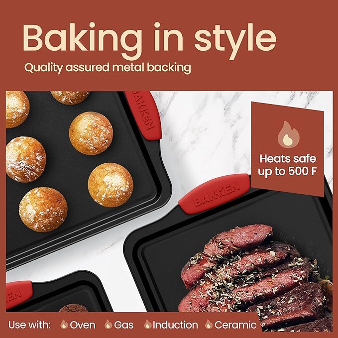 Baking Pan Set – 3 Piece Cookie Sheet – Deluxe Black Non-Stick Carbon Steel – Silicone Handles – Commercial Grade Restaurant Quality – PFOA PFOS and PTFE Free by Bakken