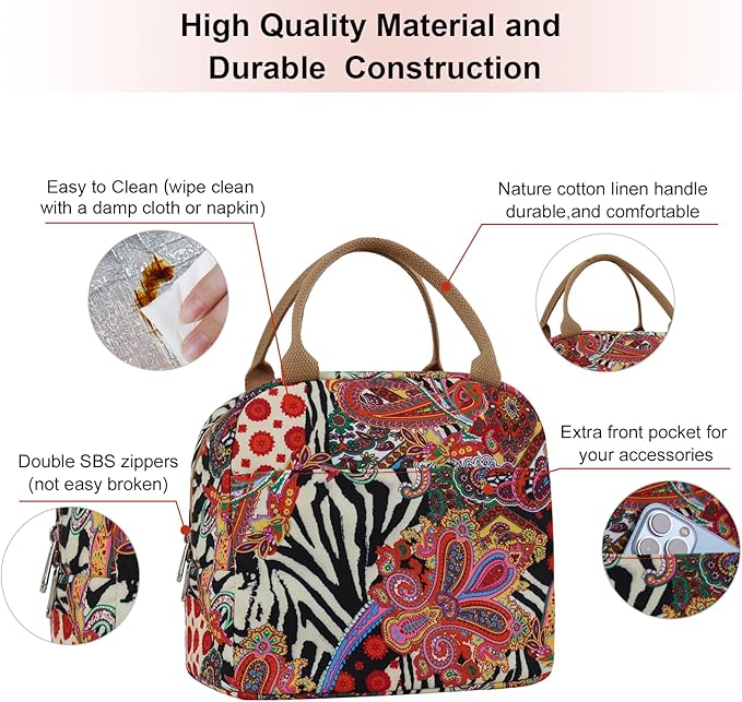 EurCross Aesthetic Lunch Box Bag for Women Daily Use,Boho Stylish Elegant Canvas Insulated Adult Lunch Bento Box Tote Bag
