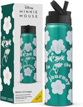 JoyJolt Disney Retro Vintage Stainless Steel Water Bottle ft Minnie Mouse, Reusable 22oz Vacuum Insulated Water Bottle Tumbler with Leak Proof Flip Straw Lid and Handle, Lead & BPA Free