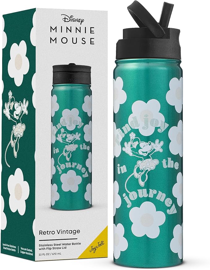 JoyJolt Disney Retro Vintage Stainless Steel Water Bottle ft Minnie Mouse, Reusable 22oz Vacuum Insulated Water Bottle Tumbler with Leak Proof Flip Straw Lid and Handle, Lead & BPA Free