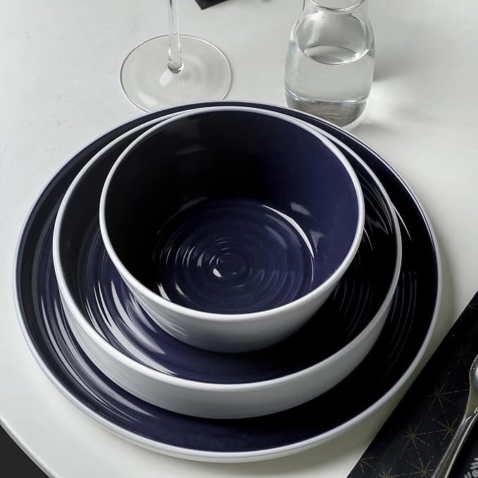 Stone Lain Elica 24-Piece Modern Dinnerware Set Stoneware, Plates and Bowl Sets for 8, Navy and White