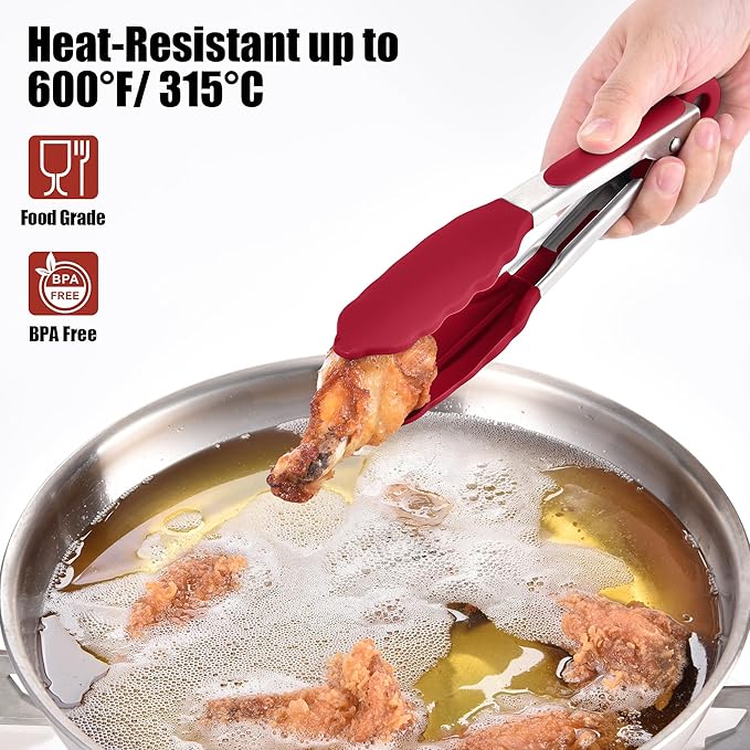 Doosu Kitchen Tongs for Cooking - 600°F Heat Resistant Food Tong with Non-Scratch Silicone Tips, Heavy Duty Stainless Steel Locking Tong for BBQ, Grilling Steak, Serving Salad, Pasta (7in, Red)