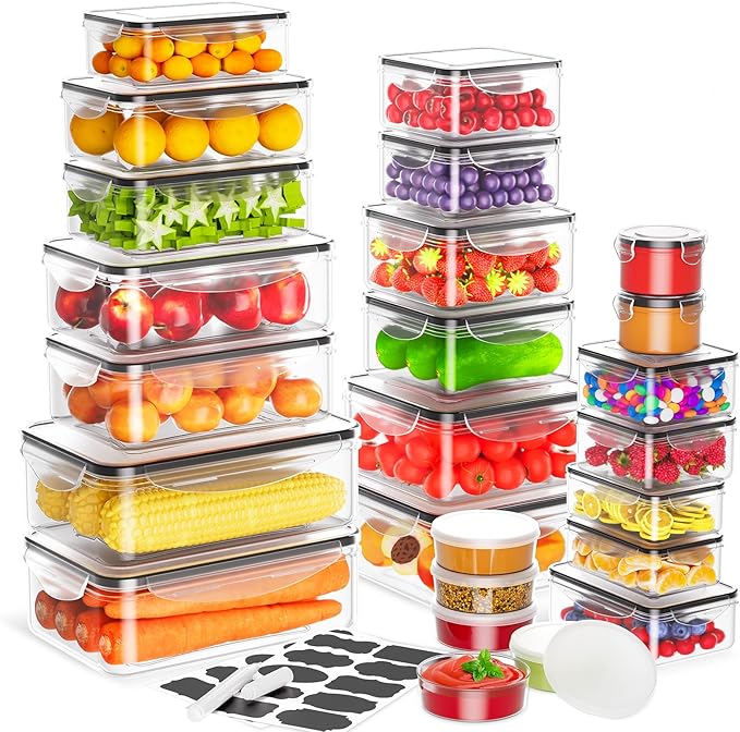 50 PCS Food Storage Containers with Lids Airtight (25 Lids & 25 Containers)- Reusable Plastic Leakproof Meal-Prep Container for Kitchen Storage Organization Microwave/Dishwasher Safe with Labels & Pen