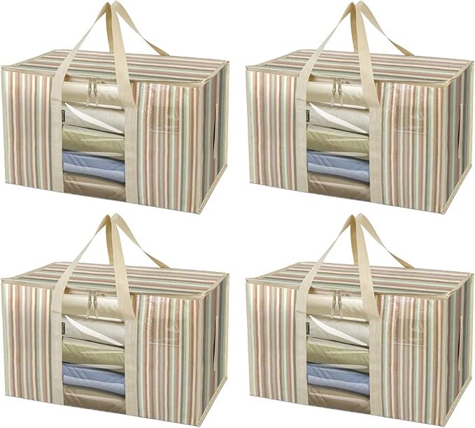 BALEINE 4-Pack Oversized Moving Bags with Reinforced Handles, Heavy-Duty Storage Tote Moving Supplies for Packaging, Camping (Color Stripe, 4-Pack)