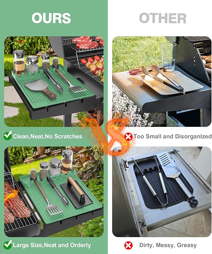 Silicone Griddle Tools Mat for Blackstone - Large Silicone Spatula Mat with Drip Pad - Griddle Mats BBQ Grill Accessories - Side Shelf Mats Grill Pad for Blackstone Griddles Accessories (Light Green)