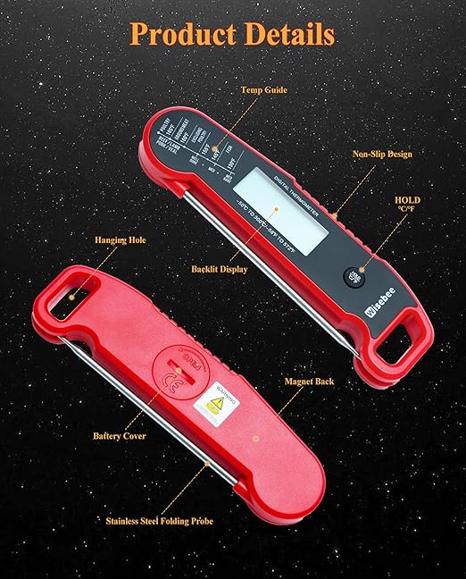 Wisebee Meat Thermometer Digital, 0.5 Sec Instant Read Waterproof Food Thermometer with 180°Auto-Rotate Backlit Display | Anti-Slip Handle | Magnetic Back | Hold Function for Cooking, Red