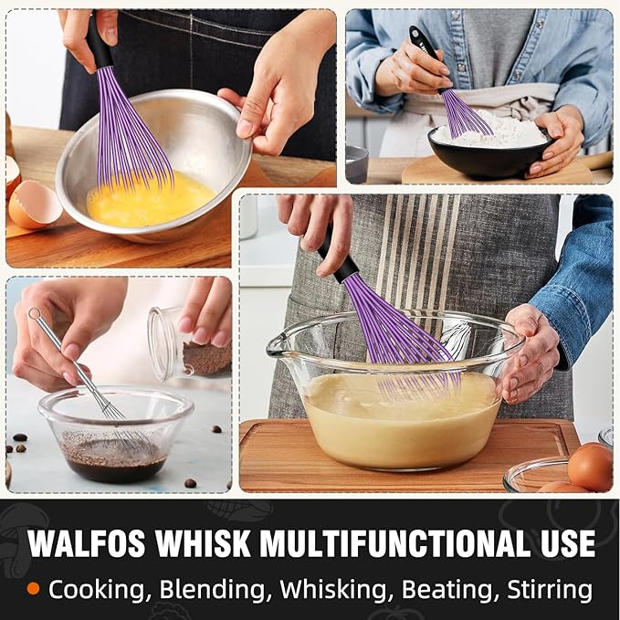 Walfos Whisk, Silicone Whisks Set of 5, Mini Stainless Steel Whisk 7+5in & Non Scratch Coated 7+9+11in Whisks, Suitable for Blending, Whisking, Beating, Frothing & Stirring. (Purple)