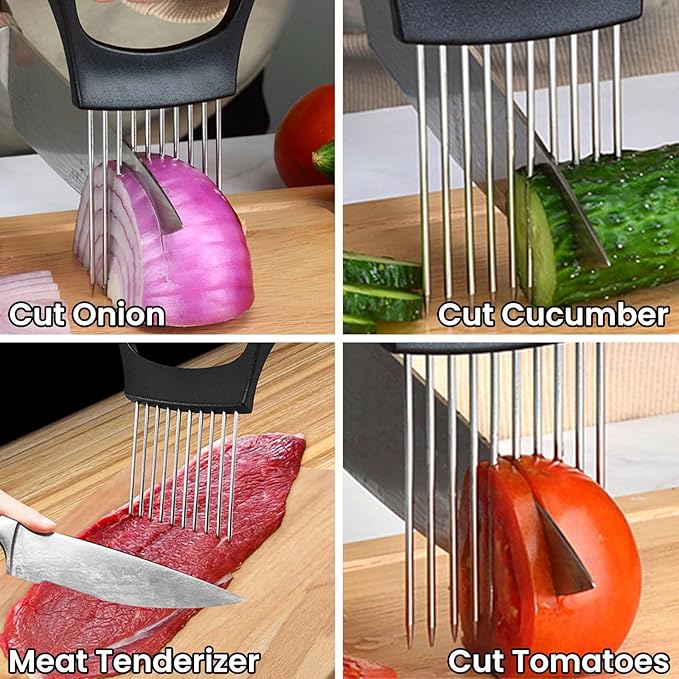 Onion Holder for Slicing, Stainless Steel Lemon Slicer Vegetable Cutter Onion Slicer Holder, Kitchen Chopper Slicing Assistant Tool for Potato Tomato Cucumber Avocados Fruits Eggs Meat