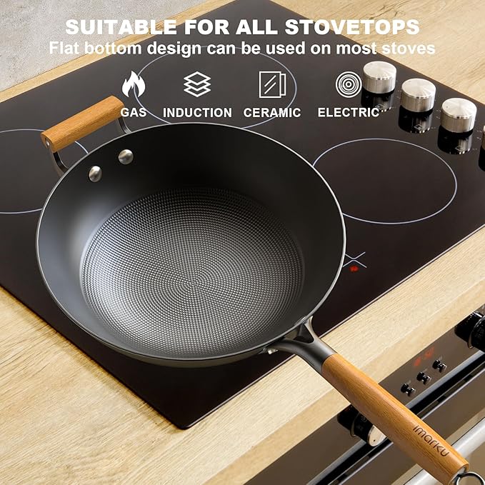 imarku NonStick Wok Pan, 12.5 inch Woks & Stir-Fry Pans Nonstick, Cast Iron Wok with Detachable Handle, Easy Clean Nonstick Frying Pan, Compatible with All Cooktops, Best Gifts for Women/Men