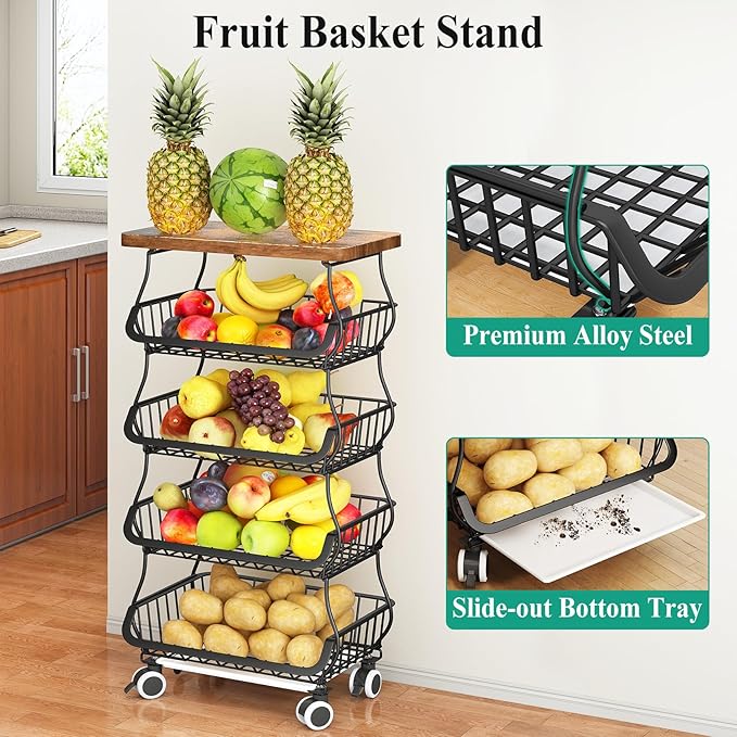SAYZH Fruit Basket Kitchen Pantry Organizers and Storage - Wooden Top Table, Stackable Metal Wire Basket Stand Cart for Fruit Vegetable Snacks Onion Potato Organization, Black