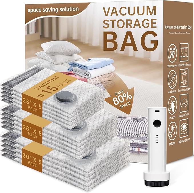 Vacuum Bags for Travel with Wireless Rechargeable Pump, 18 Pack Carry-on Size Compression Packing Seal Bags for Luggage and Suitcase, Space Saver Vacuum Storage Bags for Clothes and Clothing Travel