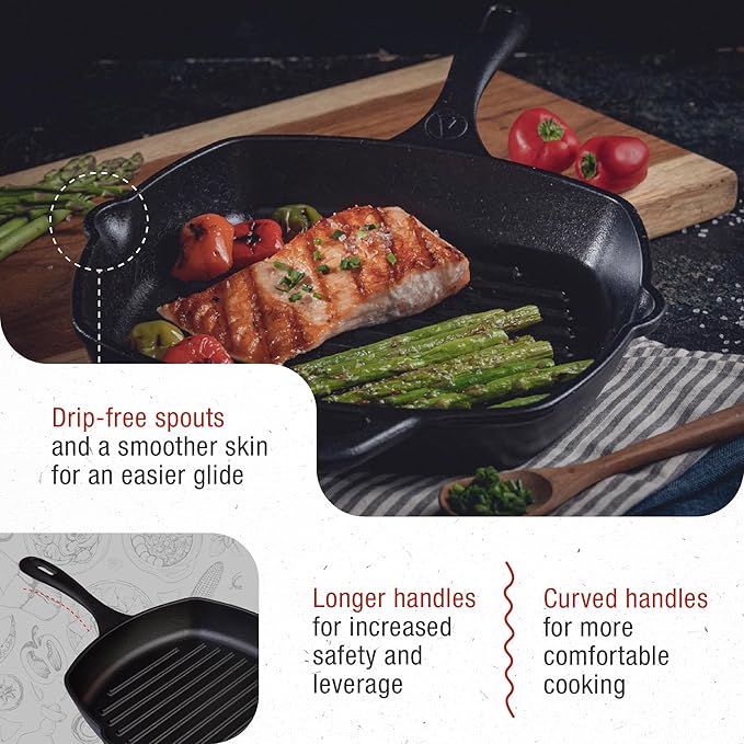 Victoria Cast Iron Grill Pan, Square Grill Pan, Cast Iron Griddle Pan, Seasoned with 100% Kosher-Certified, Non-GMO Flaxseed Oil, Black, 10 Inches