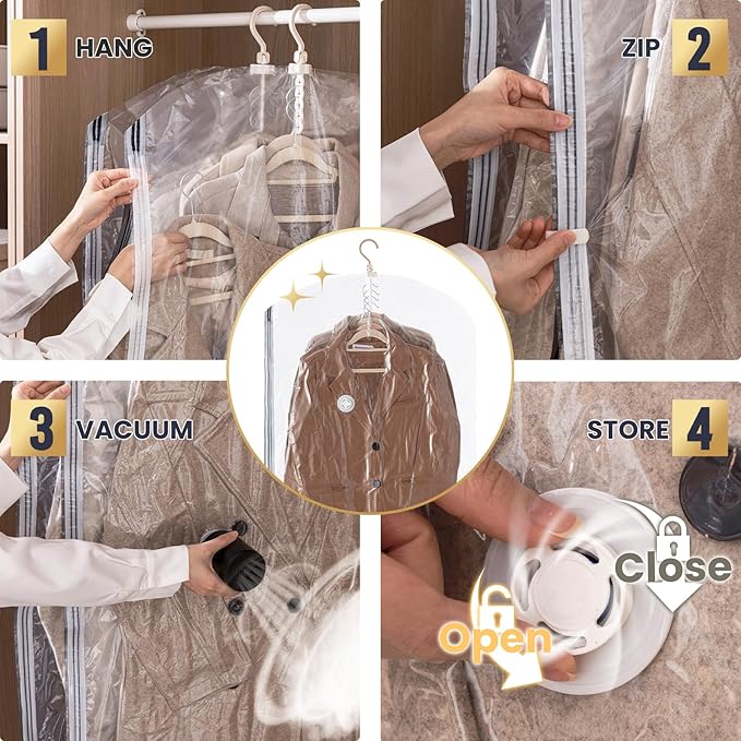 TAILI Hanging Vacuum Storage Bags with Electric Pump, Vacuum Seal Bags for Clothing Travel, Space Saver Closet Organizer for Clothes, Coats, Suits and Jackets, 4 Long(53x28 in)