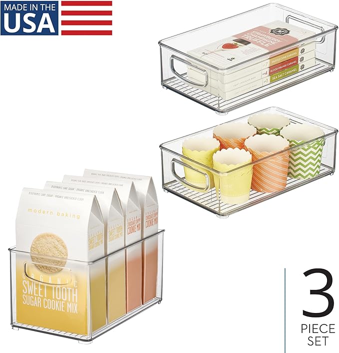 iDesign Stackable Pantry Bins with Handles, 2 Small Bins and 1 Medium Bin, 3 Pack, Clear, Made in USA