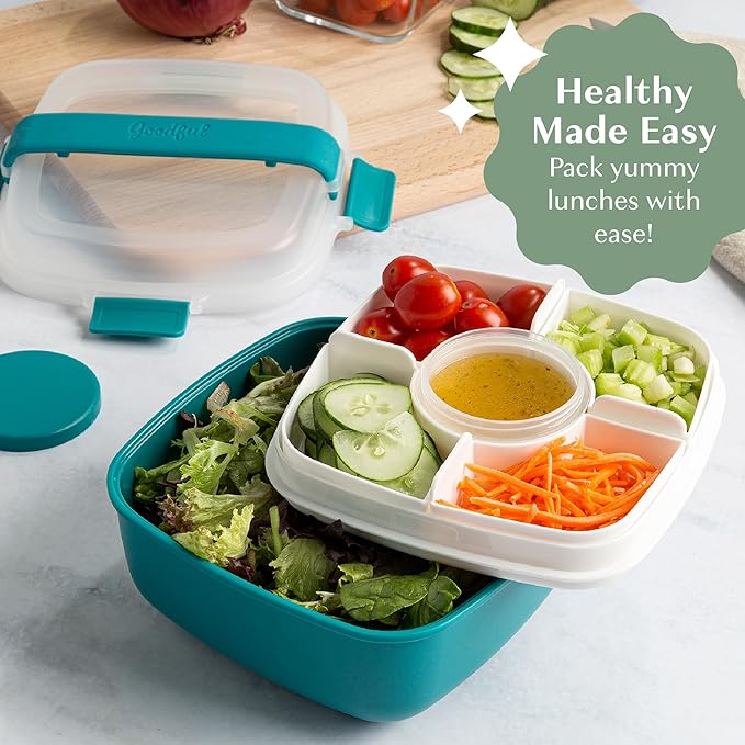 Goodful Stackable Lunch Box Container, Bento Style Food Storage with Removeable Compartments for Sandwich, Snacks, Toppings & Dressing, Leak-Proof and Made without BPA, 56-Ounce, Teal