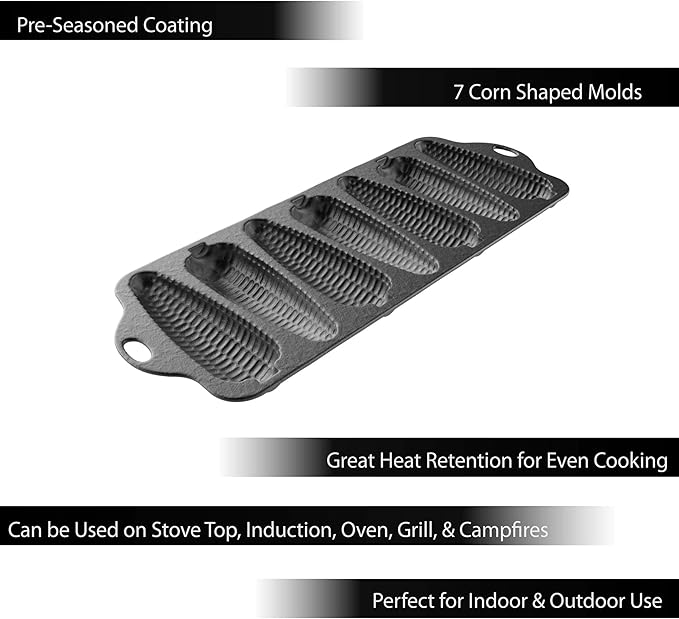 Cast Iron Cornbread Pan-Pre-Seasoned Bakeware with 7 Corncob Sticks-Compatible with Oven, Stovetop, Induction, Grill, and Campfires by Classic Cuisine,