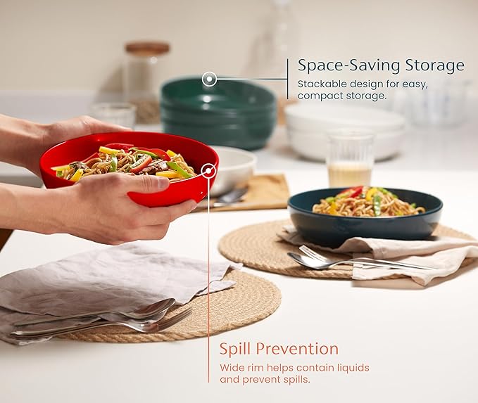KooK Pasta Bowl, Salad Bowls, Soup, Serving Bowls, Ceramic, Large Capacity, Microwave & Dishwasher Safe, Set of 4, 40 Oz,(Red)