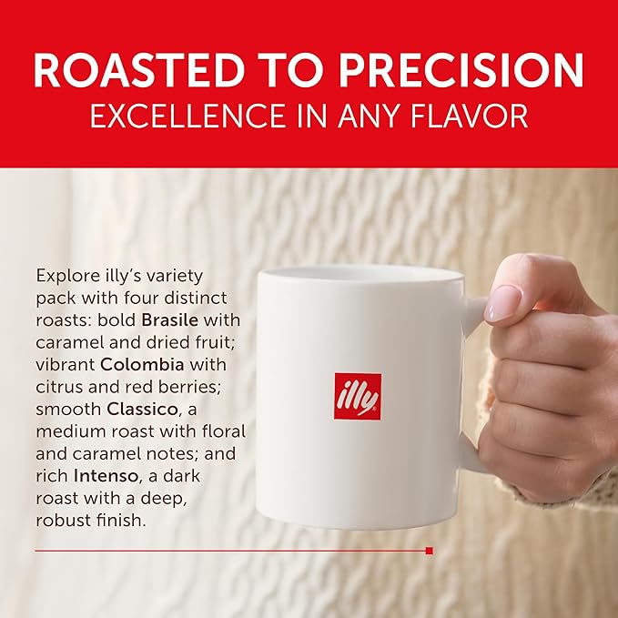 Illy Coffee K-Cups - Compatible Pods for Keurig Coffee Maker - Classico, Intenso, Brasile & Colombia Roasts - Variety - 10 Count (Pack of 6)