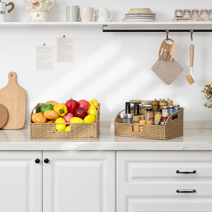 StorageWorks Pantry Baskets for Organizing, Paper Rope Storage Baskets for Shelves with Built-in Handles, Pantry Organizers and Storage, Natural, Set of 2 (Large and Medium)