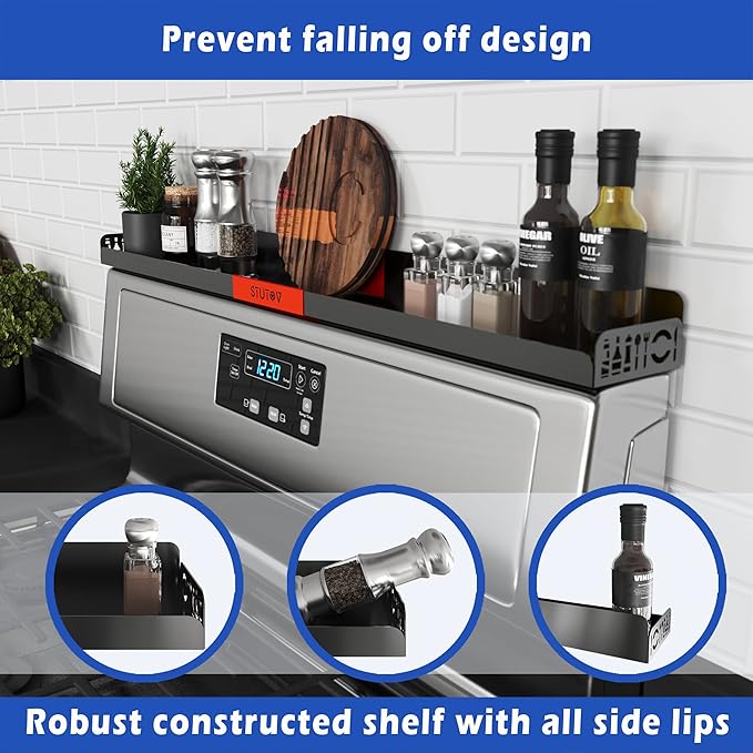 30" Magnetic Stove Top Shelf – Black Spice Rack with Red Logo and Seasoning Organizer – Kitchen Shelf for Back of Stove – Over Stove Rack and Storage Organizer
