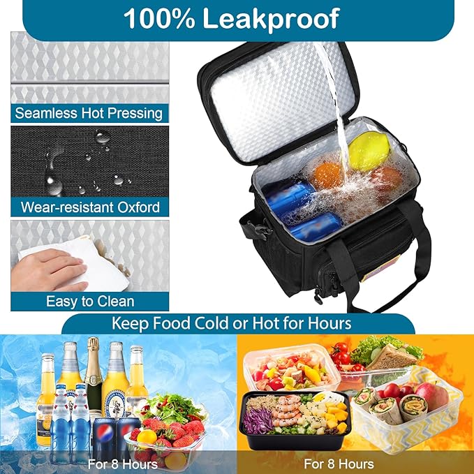 GLENKEY Double Deck Insulated Lunch Box, Expandable Large Lunch Bag Leakproof Cooler Bag Lunch Pail for Men Women Adults Work Shifts Travel Daytrip, 16L, Black