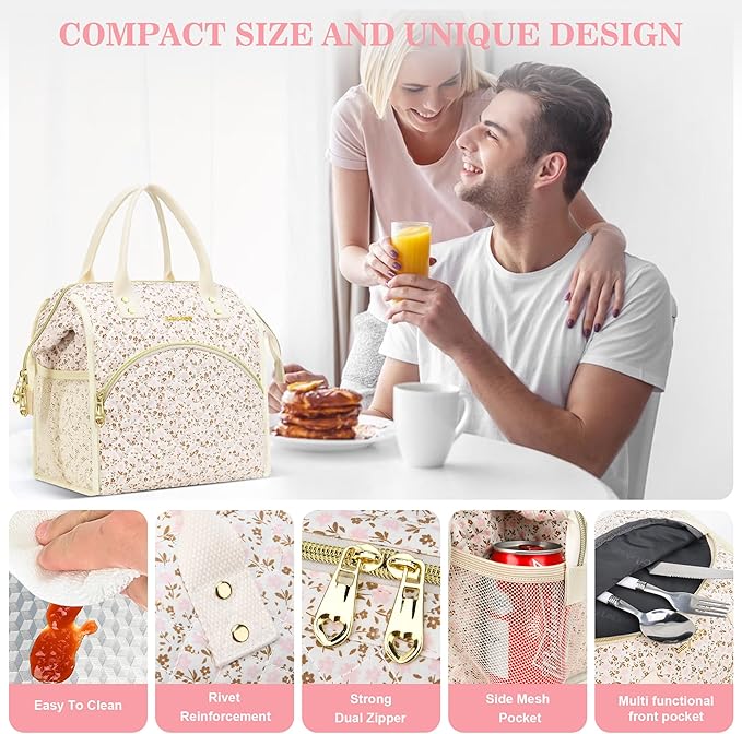 LOKASS Insulated Lunch Bag Women- Reusable 10 L Lunch Box for Women - Leakproof Tote Cooler Bag for Adults Work, Beach, Travel, Picnic （White Small Florals）
