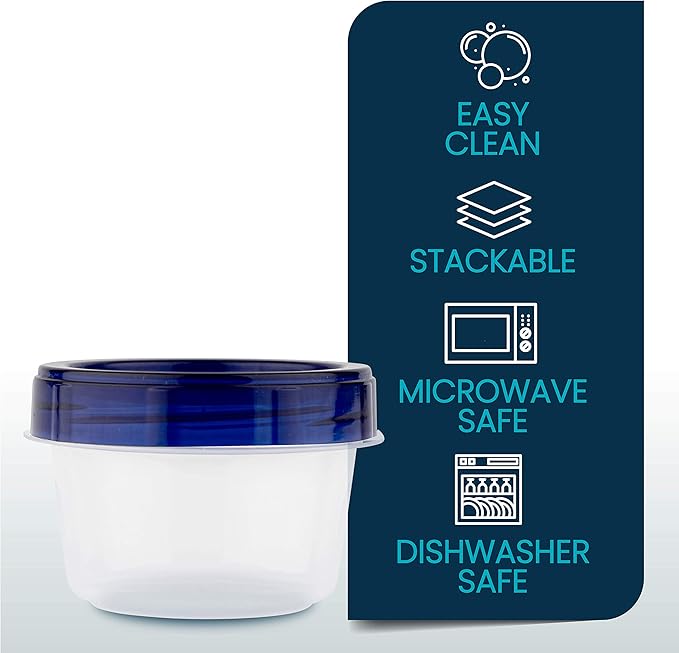 PLASTICPRO [4 oz 144 Pack] Twist Top Deli Containers Clear bottom With blue Top Twist on Lids Reusable, Stackable, Food Storage Freezer Container Pack of 144