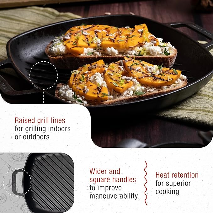 Victoria Cast Iron Square Grill Pan with Double Loop Handles, Made in Colombia, 10 Inches