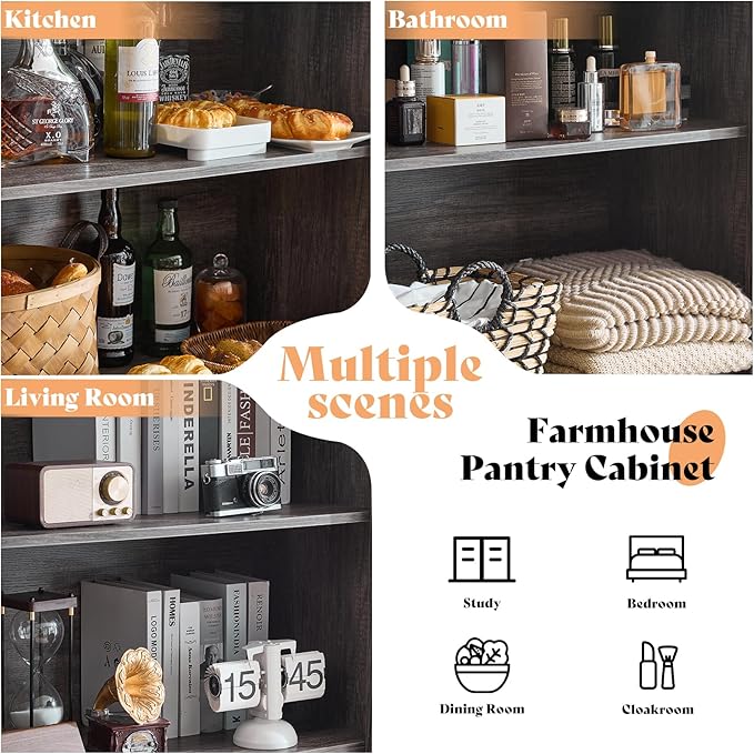 AMERLIFE 72" Tall Kitchen Pantry Storage Cabinet, Farmhouse Food Pantry Cabinet for Kitchen, Living Room, Dining Room, Adjustable Shelves and Drawer, Rustic Grey