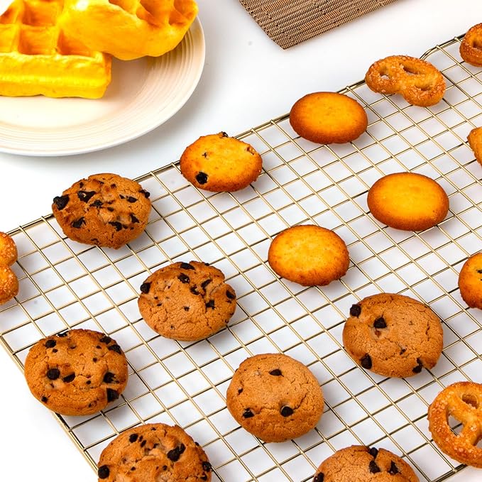 BRIOUT Cooling Rack for Baking, 16x10 Inches Baking Rack, Thick Wire Cookie Rack for Cooking, Roasting, Grilling, Drying, Oven Safe, Fits Half Sheet Pan, Gold