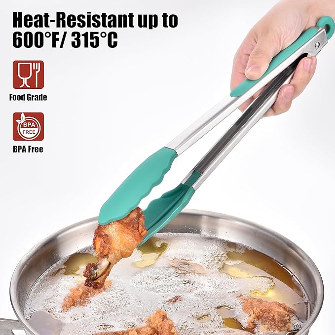 Doosu Kitchen Tongs for Cooking - 600°F Heat Resistant Food Tong Set with Non-Scratch Silicone Tips, Heavy Duty Stainless Steel Locking Tong for BBQ, Grilling Steak, Serving (7+9+12in, Aqua Sky)