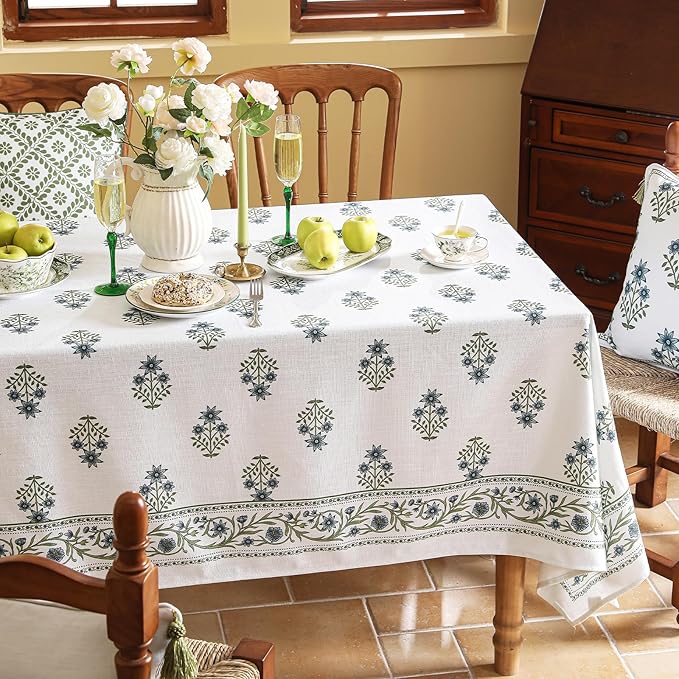 ISAENNE Designer White Linen Small Square Tablecloth,Chinoiserie Floral Elegant Indoor Table Cloth,Fall Stain Proof Decor Tablecloths for Dining Thanksgiving Kitchen Party,55"*55"-Mosella F