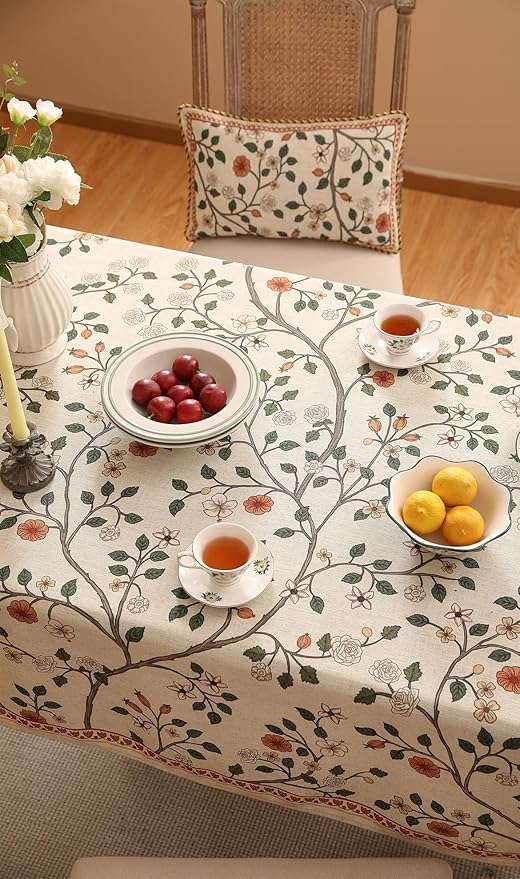 ISAENNE Designer Floral Table Cloth for Rectangle Table,French Linen Light Beige Indoor Tablecloth,Fall Wrinkle Resistant Decor Tablecloths for Dining Thanksgiving Kitchen,55"*79"-Flora A
