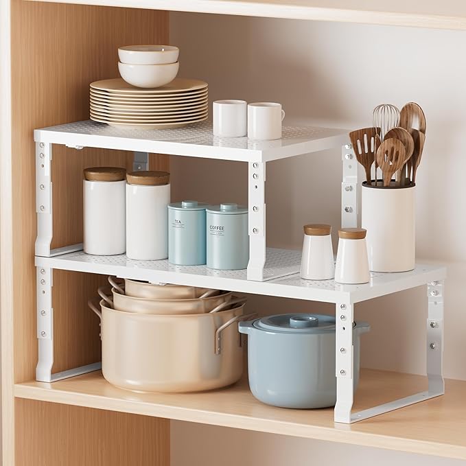 Metal Stackable Expandable Storage Shelf - Multi-Functional Home Storage Shelf, Suitable for Kitchen, Cabinet，Bathroom, Office, Garage, etc.（3PACKS/White/Medium