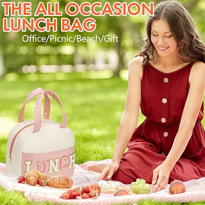 Lunch Bag for Women Insulated For Men PU leather Small Office Work lunch with Chenille Letters Leakproof Freezable Cooler Reusable Portable Box (White&Pink)
