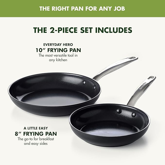 GreenPan Chatham Prime Midnight 8" and 10" Frying Pan Set, Hard Anodized Ceramic Nonstick, PFAS-Free, Dishwasher Safe, Oven Safe, Healthy Cooking Skillet for Eggs and Omelets, Black