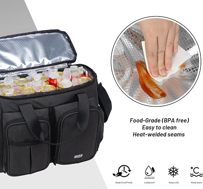 MIER Lunch Box for Men Heavy Duty Insulated Lunch Bag 20 Cans Large Leakproof Soft Cooler Bags with Multiple Pockets for Picnic Work Travel (Black)