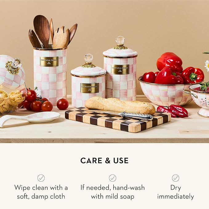 MACKENZIE-CHILDS Small Enamel Canister, Kitchen Storage Container for Flour and Sugar, 38 Ounces, Pink-and-White Rosy Check