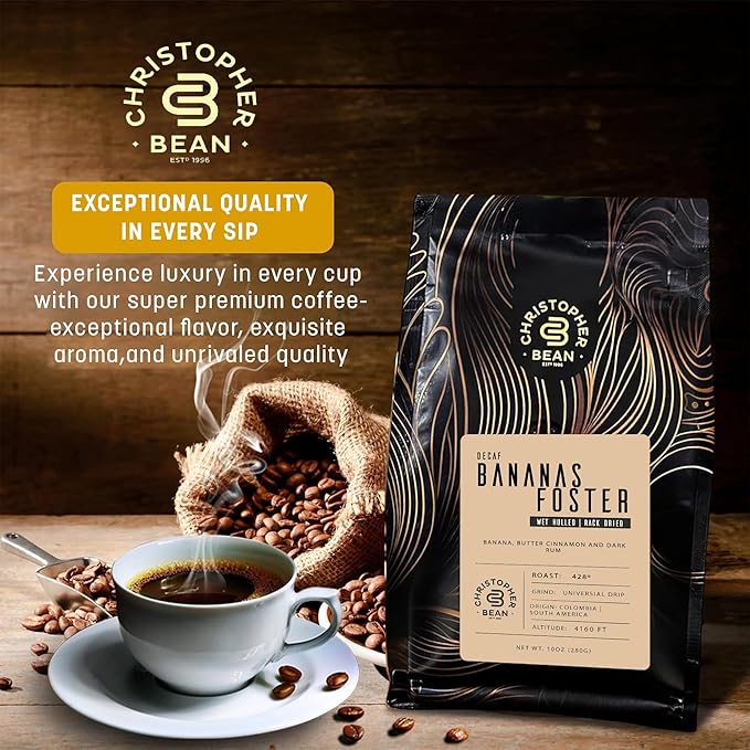 Christopher Bean Coffee - Certified Kosher - Decaf Ground Universal Drip Bananas Foster Flavored Coffee | coffee beans with Medium Roast 100% Arabica, No Sugar, No Fats, Non-GMO | 10-Ounce Bag
