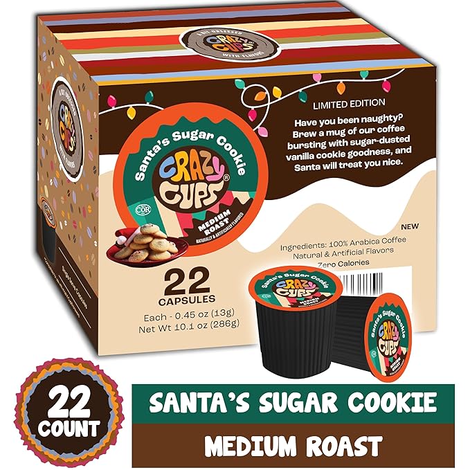 Crazy Cups Flavored Coffee Pods - Santa's Sugar Cookie Coffee, Holiday Blend, Medium Roast, Single Serve for Keurig K-Cup Machines, 22 Count in Recyclable Pods