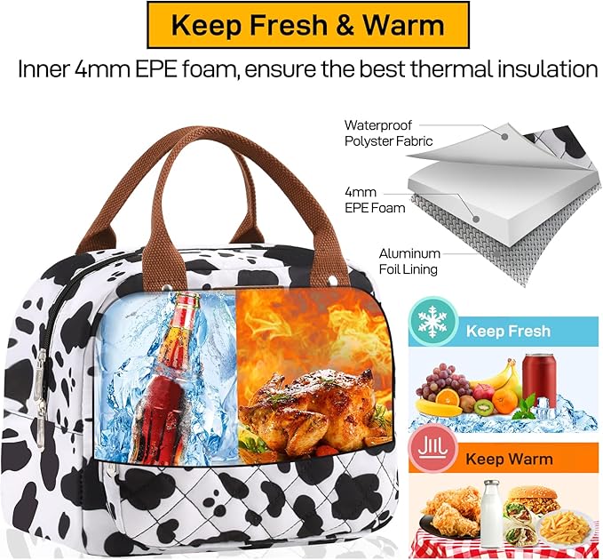 HOMESPON Lunch Bag for Woman Man Adults with Front Pocket Insulated Lunch Tote Lunch Box Container for Work Picnic or Travel(Cow)