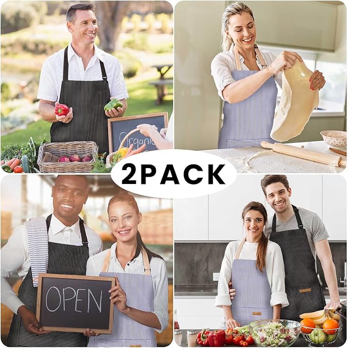 2 Pack Adjustable Bib Apron with 2 Pockets Chef Cooking Kitchen Restaurant Aprons for Women Men