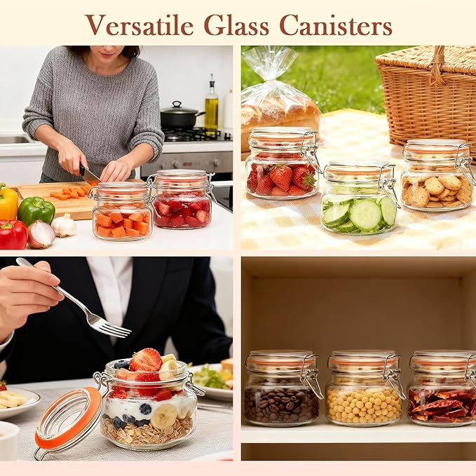 Encheng 16 oz Glass Jars With Airtight Lids And Leak Proof Rubber Gasket,Wide Mouth Mason Jars With Hinged Lids For Kitchen,Glass Storage Containers 6 Pack