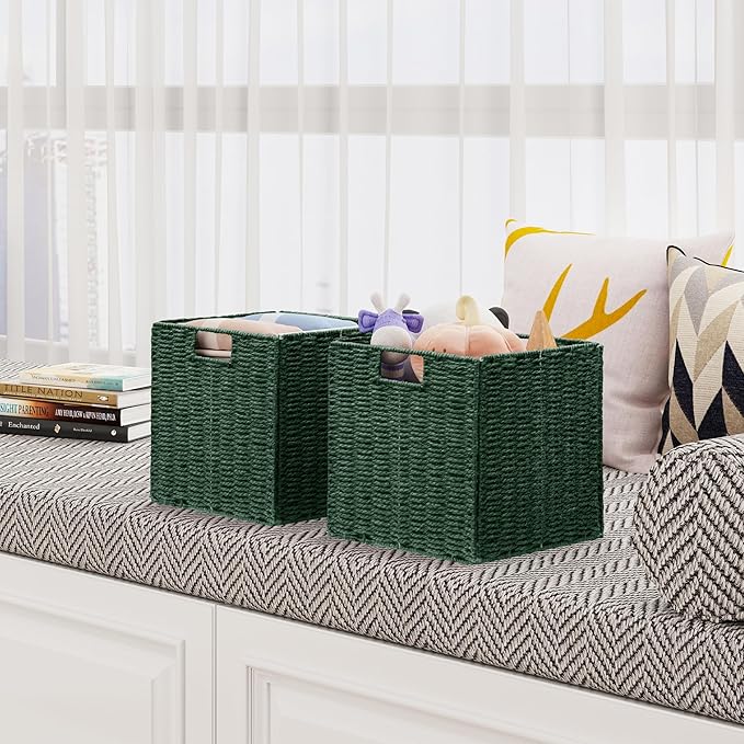 Vagusicc Wicker Storage Basket, Set of 2 Hand-Woven Paper Rope Wicker Baskets, Foldable Cube Storage Bins, Square Storage Baskets for Organizing Shelves & Decor, Green (11″×11″×11″)