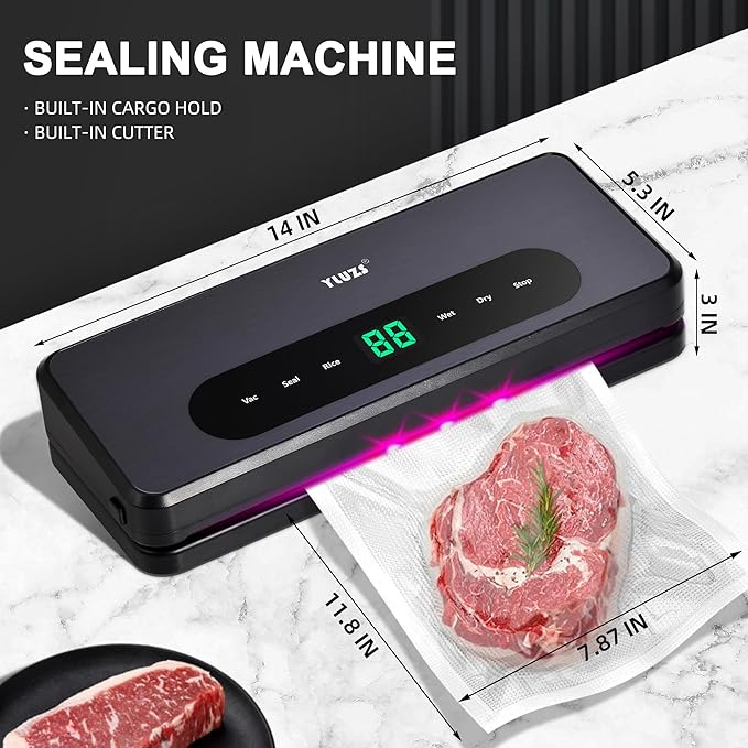 Vacuum Sealer For Food20 Pre-Cut Bags 118-inch Roll Bag, LED Digital Display with Inner Compartment, 4-in-1 Multi-Function Food Sealer with External Compact, Dark Gray.YLUZS