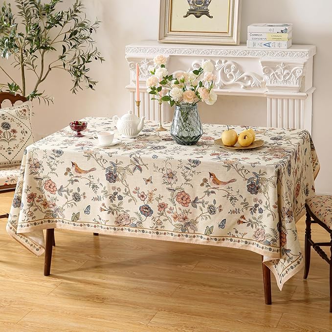 ISAENNE Designer French Light Beige Small Rectangular Tablecloth,Linen Florals and Birds Pattern Table Cloth,Anti-Wrinkle Decorative Tablecloths for Dining Thanksgiving Kitchen,55"*71"-Cornucopia