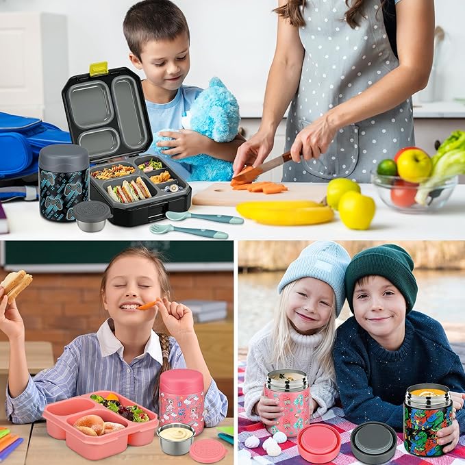 Itslife Bento Lunch Box Set for Kids with 12oz Soup Thermo&Lunch Bag, Leak-Proof Lunch Food Containers for Kids School, 5 Compartment, Sauce Cup, 10 Notes (Mermaids Pink)