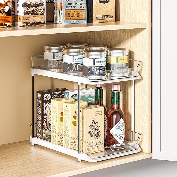 Delamu 2-Tier Multi-Purpose Bathroom Under Sink Organizers and Storage, Stackable Kitchen Pantry Organization, Pull Out Medicine Cabinet Organizer with Movable Dividers, Pure White, 1 Pack
