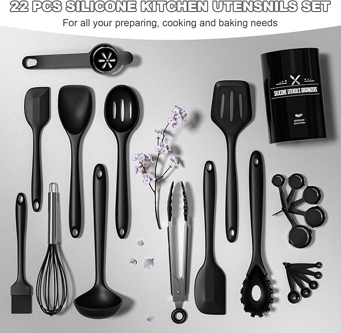 Silicone Kitchen Utensils Set, Umite Chef 22Pcs Cooking Utensils Spatula Set, Heat Resistant Non-Stick Silicone, Dishwasher Safe Cooking Gadgets Tools Set(Black)